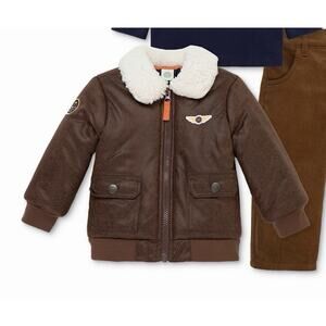 Little Me Aviator Pilot Flight Jacket Full Zip Brown Faux Leather Boys 18 Mo